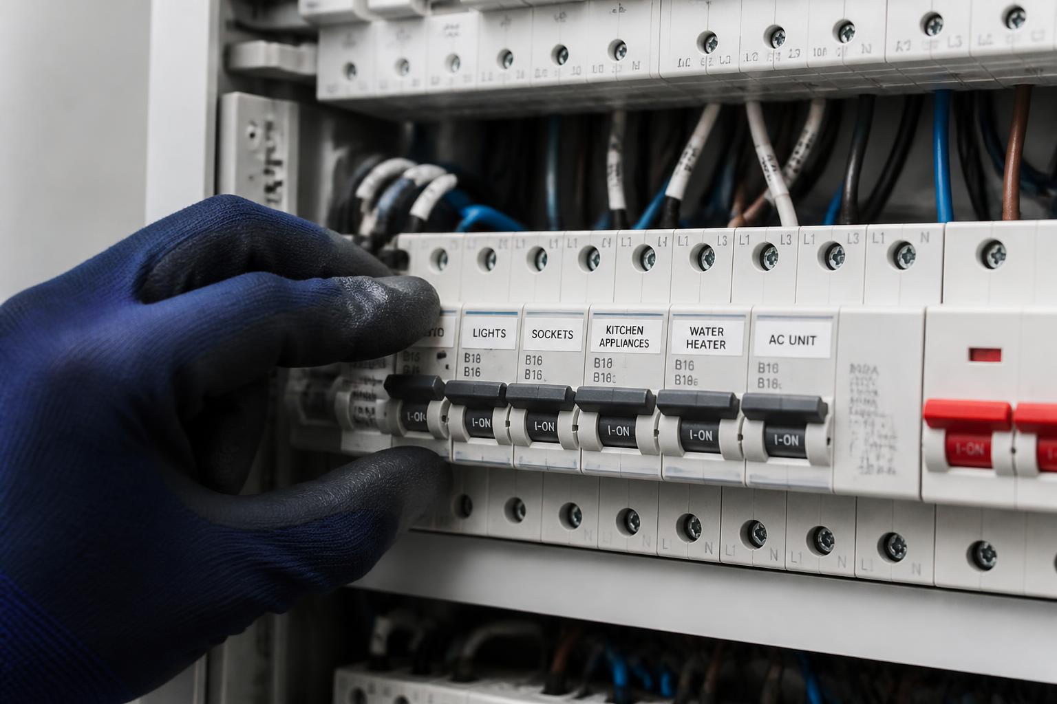 Licensed electrician turning on circuits in an electrical panel board